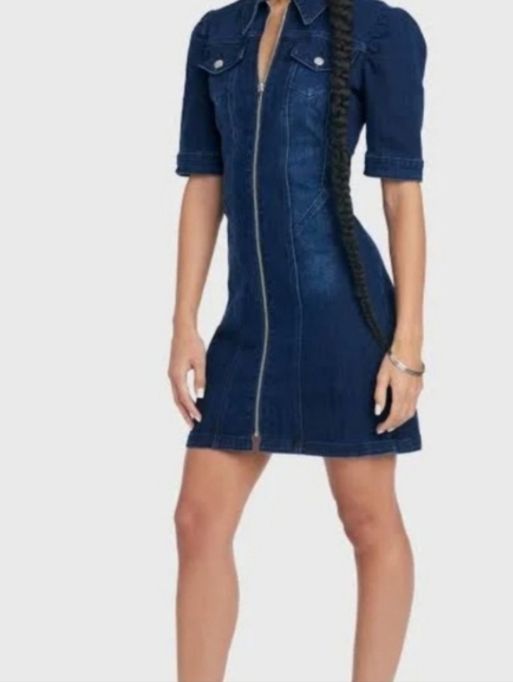 Bebe Denim Zip-Front 3/4 Sleeve Dress